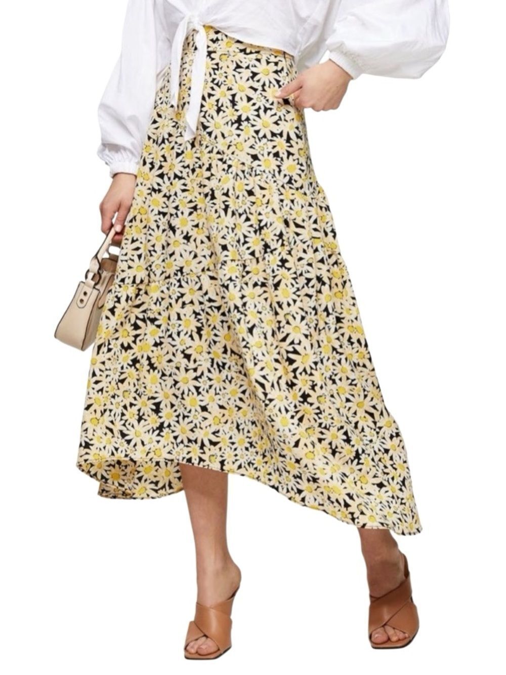 Topshop daisy printed tiered midi skirt yellow floral Size 4